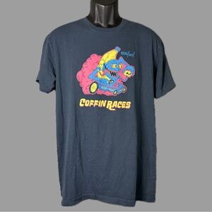 Rat Fink Coffin Races Banana Skull Eugene Fun Graphic Tee - Navy with Neon Sz L
